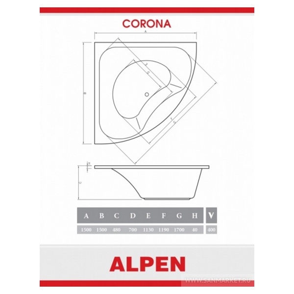 Акриловая ванна ALPEN CORONA 150X150 (Австрия)  - фото3