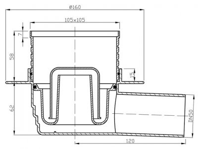 Трап сливной с хромированной решеткой PlastBrno боковой подвод SI50C00 105x105 (Чехия) - фото2